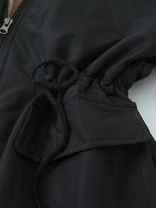 Jaqueta com Capuz Feminina, Casaco Casual Parka, Tecido Acolchoado de Cor Sólida, Adequado para Outono, Inverno, Primavera - Preto - Visão 10