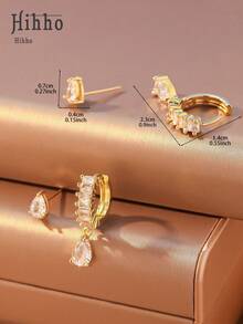 Hihho Set de 4 piezas de aretes de botón con zirconia en forma de lágrima, aretes de uso diario de calidad