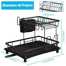 Escurridor de Trastes de 2 Niveles de Acero Inoxidable para Cocina, Escurreplatos con Bandeja de Drenaje, Soporte para Utensilios, Tabla de Cortar y Estante para Tazas, Fácil de Instalar y Limpiar - Negro - Ver 6