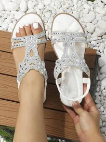 Bohemian Rhinestone Embellished Flat Sandals For Women – Open-Toe T-Strap Design With Shimmering Crystal Accents, Comfortable Elastic Back Strap, Perfect For Summer Beach, Vacation, Casual Outings And Evening Events, Lightweight Footwear To Elevate Your Warm-Weather Style - 白色 - 查看 1