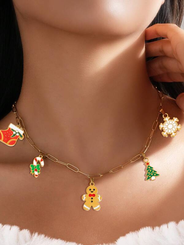 1/2 piezas Conjunto de joyas de acero inoxidable, Collar colgante de mujer con diseños navideños como bastón de caramelo, Papá Noel, copo de nieve, árbol de Navidad, hombre de jengibre, para atuendo de fiesta navideña