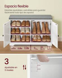 Banco Zapatero de 3 Niveles, con Puertas y Cojín, Estantes Ajustables, 35,5 x 81 x 52,5 cm, para Entrada, Dormitorio, Blanco Nube y Gris Paloma - Blanco - Ver 2