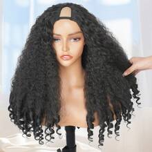 New Afro Curly V Part Wig Synthetic Braided Hair Texture With Unique Bouncy Curls In The End 22 Inch Soft Curly Full Hair V Part Wigs Synthetic Kinky Straight Hair Bouncy Curls No Leave Out Clip In Half Wig - Black - View 3