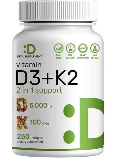 Vitamin D3 5,000 + K2 MK7 Softgels, 250 Count | 2-In-1 Complex | Supports Heart, Bone, Teeth & Immune Health | Easy To Swallow