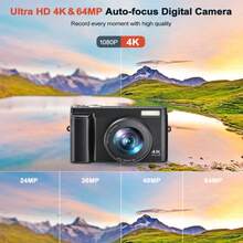 Cámara digital 4K CAMKORY talla grande reciente con pantalla de 3" giratoria 180°, cámara compacta con WiFi, cámara vlog de 64MP con zoom digital 16X, anti-sacudidas, autofocus, cámara de viaje para adolescentes y principiantes + tarjeta SD de 32GB + 2 baterías