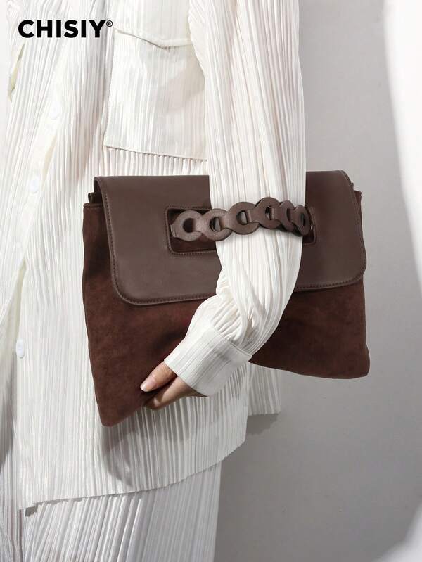 CHISIY Original New Brown Large Capacity Woven Contrast Color Patchwork Clutch Bag, Casual Retro Shoulder Bag, Suede & PU Leather, Versatile For Commuting, School, Shopping And More Occasions