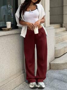 Sulojter Casual Loose Solid Color Elastic Waist Sweatpants - Burgundy - View 2