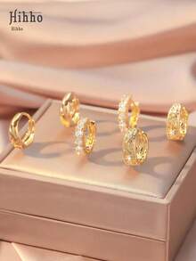 Hihho 3 Pairs Fashionable Copper Hollow Geometric Round Hoop Earrings With Vintage Floral Design And Sparkling Zirconia Stud Earrings, Decorative Women Earrings Gift For Festivals - 金黃色 - 查看 4