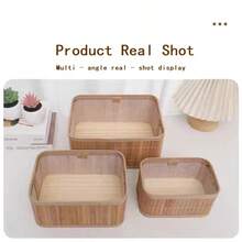3 Pieces/Set Bamboo Woven Storage Baskets - Desktop Storage, Cosmetic Woven Storage Boxes, Bamboo Woven Storage For Toys & Snacks, Kitchen Storage, Bedroom Decoration, Home Decoration (Handmade Woven Products, With Color Difference, Raw Edges And Joints)