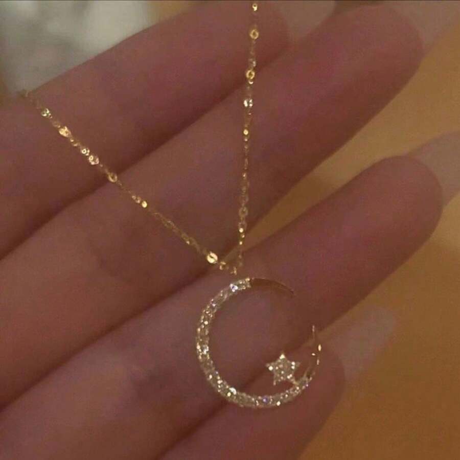Shiny Star Moon Pendant Necklace, Women's Sparkling Exquisite Clavicle Chain, Unique Design Luxury Jewelry Gift For Girlfriend