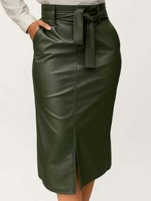 Women's Midi Skirt In Leatherette With Belt Without Buckle - Fits Sizes 38 To 50 | Casual, Elegant And Comfortable - 軍綠色 - 查看 2