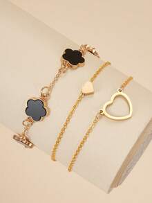 4pcs/Set 3pcs High Quality Cubic Zirconia Bangle, Hollow Clover Heart Decor Multi-Layer Bracelet, Fashionable, Suitable For Women's Party, Gathering, Daily Wear, Festivals And Gifts