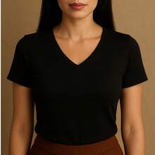 Kit Of 4 Basic V-Neck Short Sleeve Ribbed Blouses - White, Black, Beige, Military Green - View 2