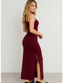 Women's Elegant Casual Long Dress In Ribbed Knit With Side Slits - Burdeos - Ver 5