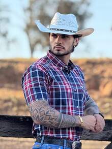 Ultra Jeans Cowboy Country Land Plaid Short Sleeve Shirt - 紅色和黑色 - 查看 1