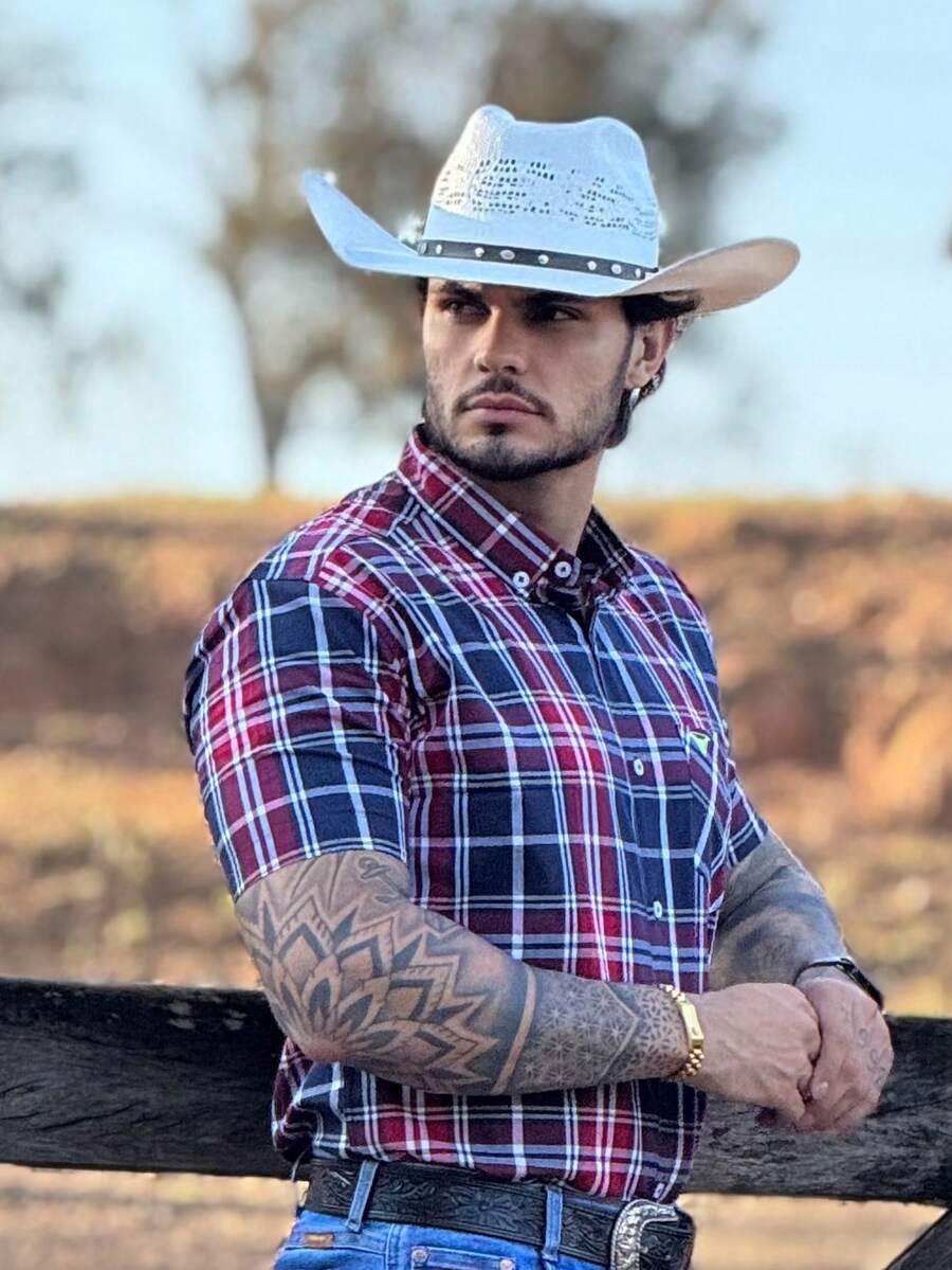 Ultra Jeans Cowboy Country Land Plaid Short Sleeve Shirt - 紅色和黑色 - 查看 1