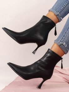 Women's Shoes Pointed Toe Stiletto High Heel Fashion Black Boots, Simple Workwear Autumn Classic Leather Ankle Boots With Back Zipper For Winter,Boots For Women,Kitten Heels - Black - View 10