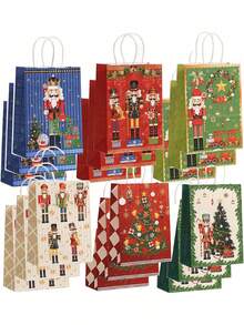 6/12/18 piezas, Bolsa de tela con estampado de Cascanueces, Bolsa de regalo para fiesta de Navidad, Bolsa de papel kraft con dibujos animados, Suministros para fiesta de Navidad - Multicolor - Ver 9