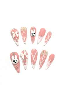 10 Pieces Made By Hand, 3.3 Cm Square Wearable Nail Art, Beach Essentials, Nail Patch, Press-On Nails, Nails, Supplies, Summer Nails, Press-On Acrylic Nails, Long Nails, Rabbit, Dragonfly, Bow, Rhinestone, Three-Dimensional Design, French Style Handmade Press On Nails - Multicolor - View 10