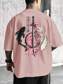 Men's Spring/Summer Japanese Style Yin Yang Koi Fish & Samurai Sword Graphic Print Round Neck Pullover T-Shirt, Pink