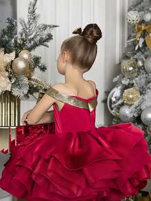 Young Girl Christmas Dress, Bow Decor Tulle Princess Party Dress, Suitable For Girls Birthday Party, Holiday Celebration, Wedding And Other Important Occasions - 酒紅色 - 查看 5