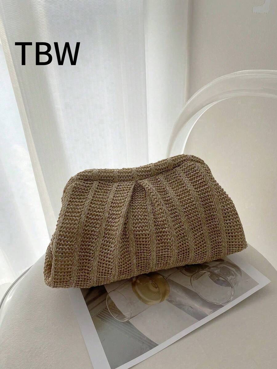 Women's Solid Color Straw Woven Wrinkled Cloud Bag, Retro , Large Capacity And Fashionable, Suitable For Going Out Shopping. - Camel - View 1