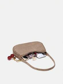 1个 Novachic 柔软绒面短款驼色可爱樱桃装饰简约单肩包，拉链封口，复古风格，腋下包，适合多种场合，秋冬季 - 卡其色 - 查看 4