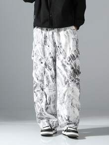 男士数码印花时尚百搭直筒阔腿工装裤、破洞裤、运动裤、伞兵裤、机车休闲裤、丝滑个性迷彩工装裤、秋季 - 黑與白 - 查看 3