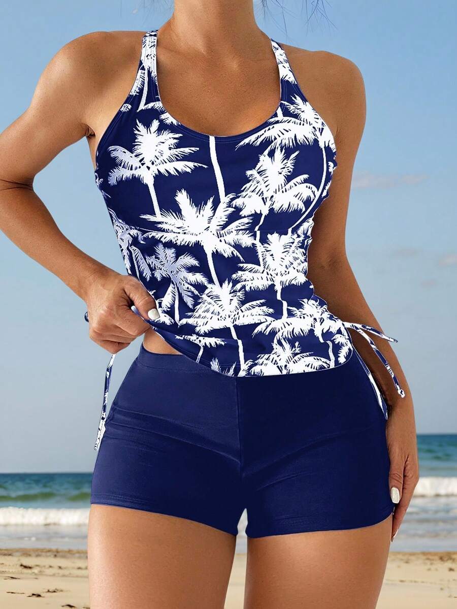 Conjunto De Trajes De Baño Para Mujer Con Top Halter Impreso De Árbol De Coco Y Troncos De Color Sólido,Bikini Estilo Chaleco Estampado Con Palmeras Para Mujer
