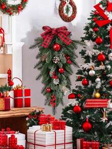 1pc Artificial Christmas Teardrop Swag, 21.6 Inch Christmas Pine Cones Red Berries Swag Decoration, Green Pine Needles Balls Teardrop Swag, For Window Wall Fireplace Decor, Home Outdoor Decor Decor, Room Door Decor,Christmas Decorations, Theme Party Decor Home Decor Room Decor - Multicolor - View 3