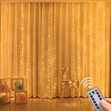 Luces de cortina de cadena LED, 8 modos, con control remoto y puerto USB, adecuado para bodas, Navidad, decoración del hogar y vacaciones - Amarillo - Ver 2