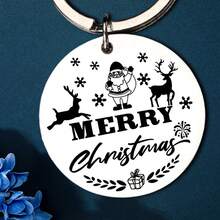 1PC Creative Stainless Steel Christmas Keychain With Carved Reindeer And Santa Claus Patterns, Keychain, Christmas Gift