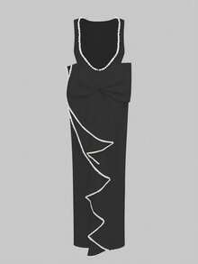 优雅浪漫假日约会舞会礼服、圣诞派对礼服、性感露背珍珠蝴蝶结派对礼服，黑色夏季女装 - 黑色 - 查看 7