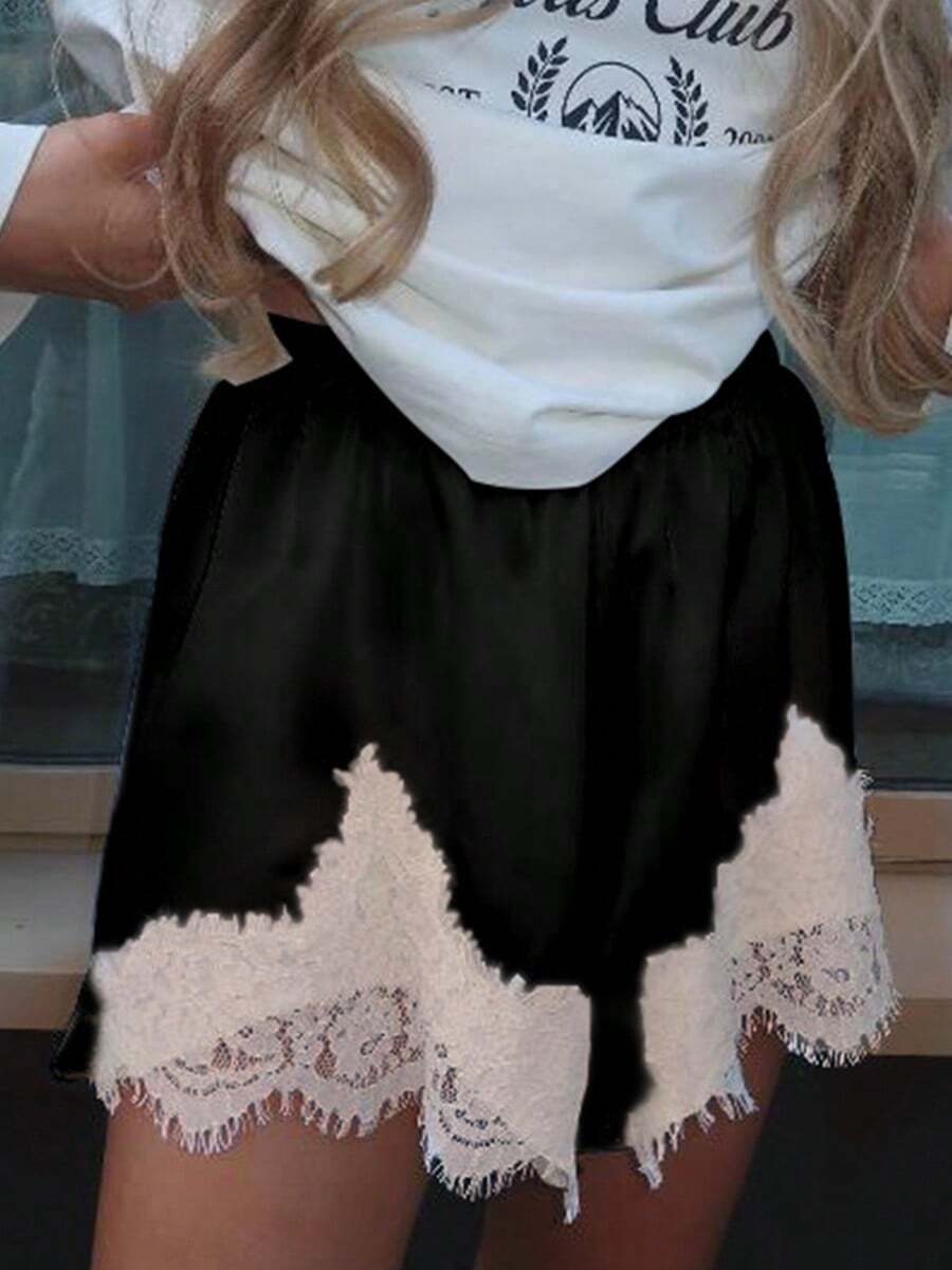 Women's Satin Lace Trimmed Irregular Hem Shorts, Summer Loose And Fashionable Solid Color Elastic Waist Shorts, Suitable For Women's Daily Wear - Black - View 1