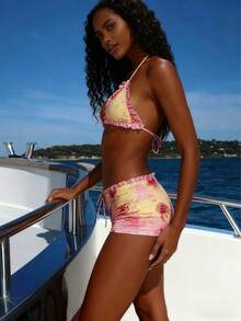 USA Cute Summer Print Ruffles Bikini Women V-Neck Two Pieces Girls Vacation Outfit Beachwear