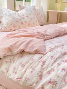 Bộ ga trải giường 4 món in hình hoa hồng Sakura màu hồng, kiểu dáng cung điện Pháp, bao gồm 1 vỏ chăn, 1 ga phủ, 2 vỏ gối, màu trơn, thích hợp sử dụng hàng ngày và cho ngày Valentine, 100% polyester, mềm mại (không bao gồm ruột chăn). - Màu Hồng Tươi - Xem 7