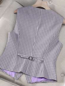 Women's Plaid Woven Fabric Front Button Pocket Casual Vest Jacket, Spring/Autumn - Mauve Purple - View 6