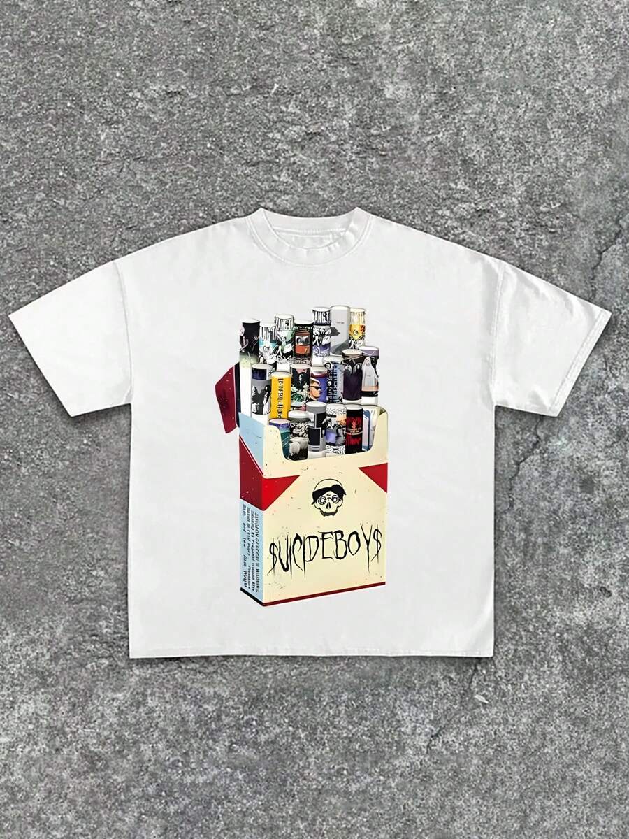 Uicideboy Cigarette Pack Graphic T Shirt, Graphic Tees, Summer Round Neck Short Men's T Shirt,Pure 220 Grams Cotton Sleeved T-Shirts, Halloween - White - View 1