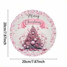 1pc Festive Pink Christmas Tree Wreath Sign - 7.87" Round Aluminum Door Decor With "Merry Christmas" Banner, Ornament Accents & Glitter Details For Holiday Home Entrance Display, Festive Wall Sign|Decorative Christmas Sign|Floral Accents Design, Christmas Tree Decorations Home Decor Christmas Decorations Room Decor