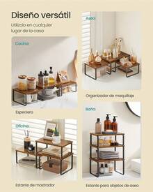 Estante para Especias, Juego de 3, Organizador de Armario, Apilables, Especieros Extensibles, Metal y Madera de Ingeniería, Marrón Rústico y Negro Mate - Marrón - Ver 2