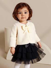 SHEIN Elladie kids 女婴温暖毛绒蝴蝶结装饰夹克，适合外出和日常穿着，秋冬季 - 米色 - 查看 1