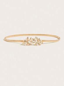 1pc Women's Gold Spring Pearl Flower Buckle Decor Dress, Waist Cincher, Fashion Versatile Solid Metal Waist Belt, Suitable For Everyday Wear