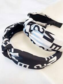 2pcs/Set Women's Black & White Letter & Number Fabric Twist Headband, Simple Hair Accessories Suitable For Daily Use, Autumn/Winter, Hair Band, Hair Hoop
