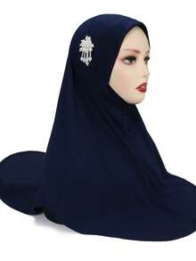 1pc Ready To Wear Instant Hijabs With Pearl Decor, Fashionable Solid Color Convenient Daily Wear Muslim Headscarf