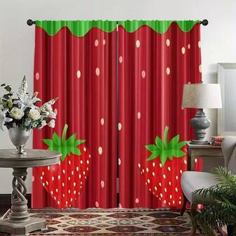 2pcs Strawberry Print Curtains - Realistic Red And Green Polyester Design, Sheer, All Season Decor For Kitchen, Bedroom, Living Room, Cafe - Rod Pocket, Machine Washable, Modern Style, Living Room Curtains