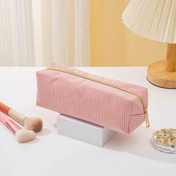 1pc Retro Corduroy High-Quality Pink Large Capacity Student Stationery Organizer Bag, Cosmetic Pouch