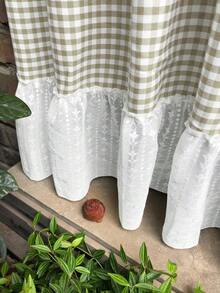 1 pieza Cortina corta de estilo rústico con patrón de enrejado de lino con volantes de encaje blanco, decoración elegante de cortina de café para ventana de cocina o baño con bolsillo superior para barra