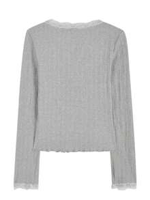 Lace Trim Long Sleeve Top And Camisole Set Spring - Grey - View 7