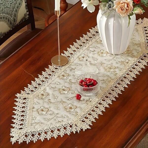 1 peça de caminho de mesa retangular com acabamento em renda, toalha de mesa de poliéster com estampa floral elegante para mesa de jantar, lareira, penteadeira, decoração de armário de sapatos, adequada para casamento, festa, feriado, 16x16/36/48/60/72/87/99 polegadas