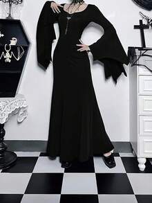 1 pieza Vestido gótico oscuro de Halloween para mujer, manga de murciélago con bajo de cola de pez, disfraz elegante de señora madura